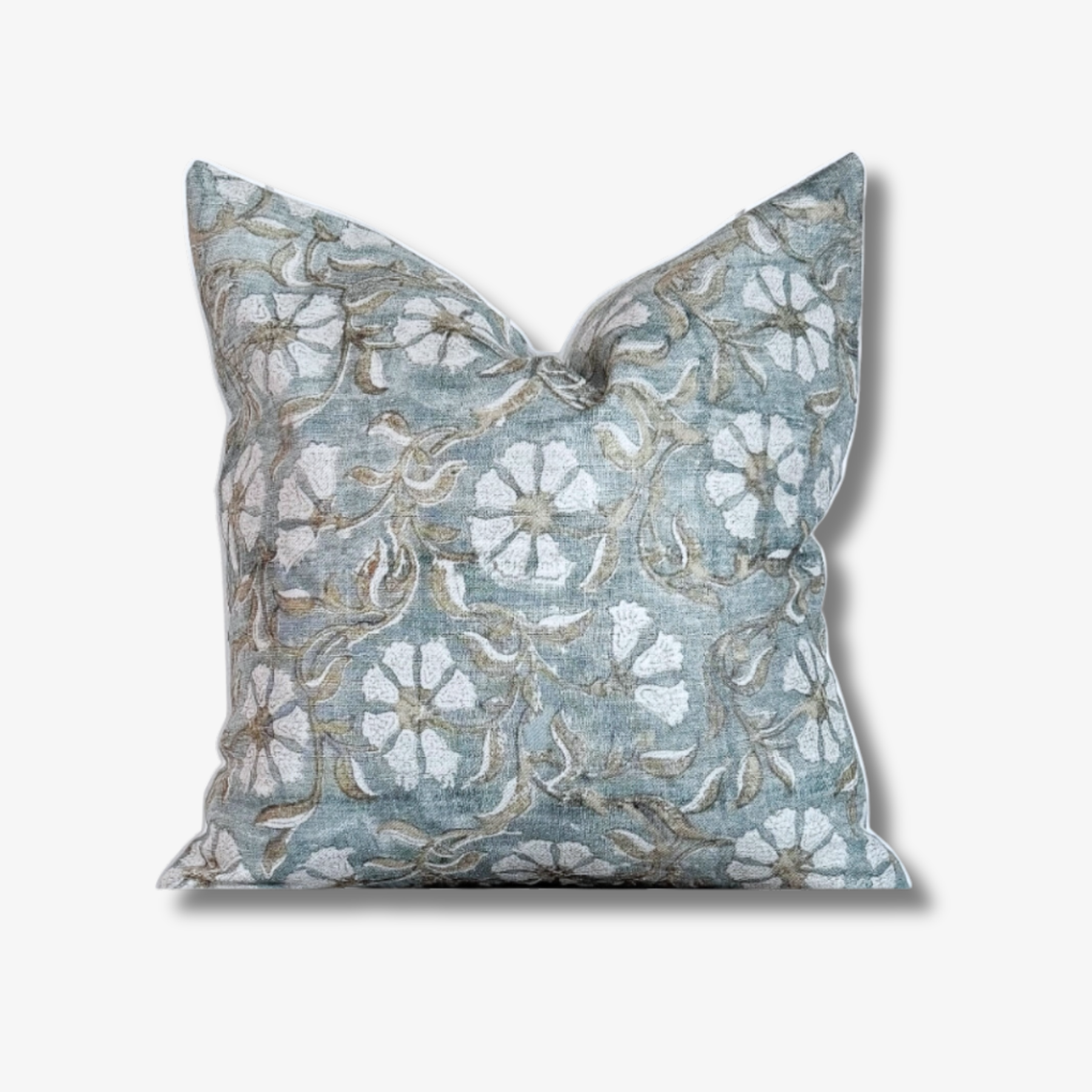 Blue Floral Block Print Pillow Cover