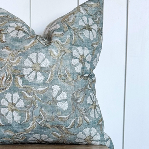 Blue Floral Block Print Pillow Cover