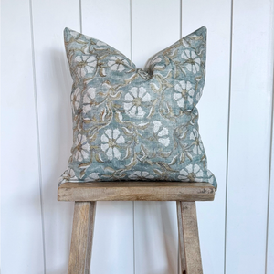 Blue Floral Block Print Pillow Cover