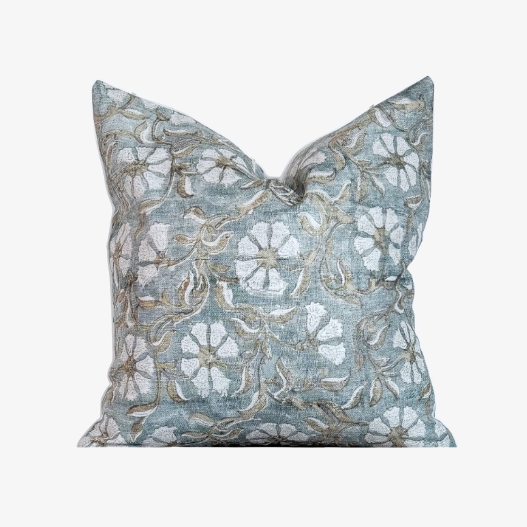 Blue Floral Block Print Pillow Cover